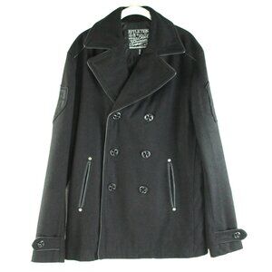 Affliction Black Double Breasted Embroidered Skull Live Fast Wings Pea Coat M